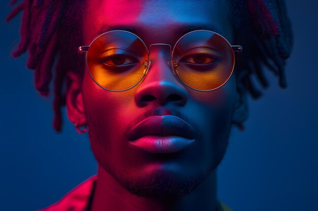 Foto o retró onda ou onda de sintetizador retrato de um jovem feliz homem africano sério no estúdio high fashion