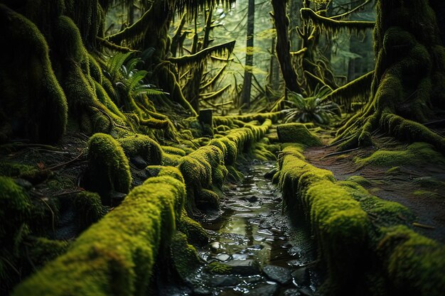 Foto o riacho mossladen serpenteando através da floresta encantada