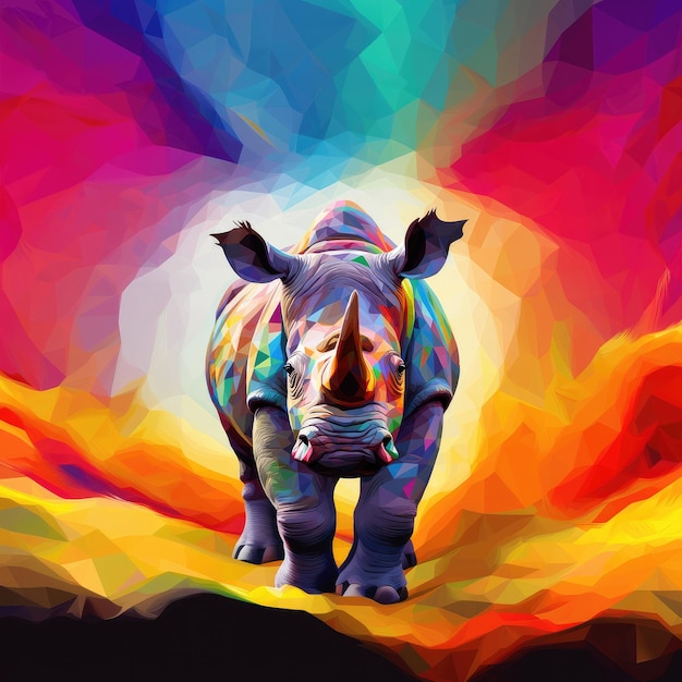 O rinoceronte colorido é retratado em um fundo cinzento de estilo baixo.