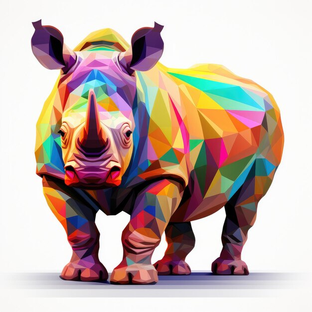 Foto o rinoceronte colorido é retratado em um fundo cinzento de estilo poli baixo generative ai