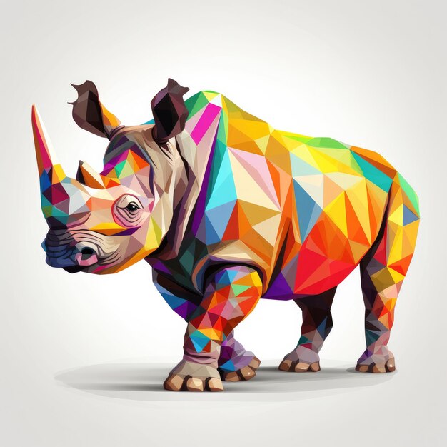 Foto o rinoceronte colorido é retratado em um fundo cinzento de estilo poli baixo generative ai