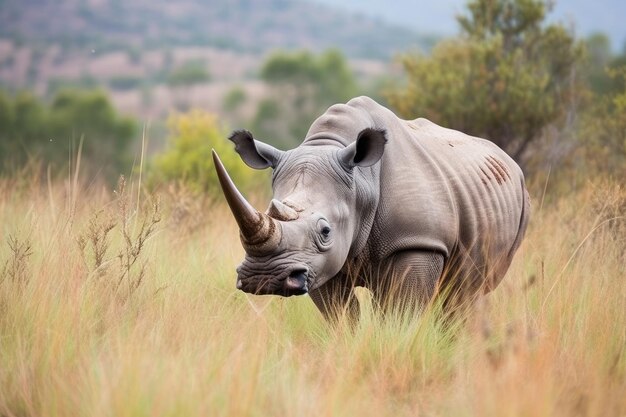 O rinoceronte pastando sozinho nas pastagens