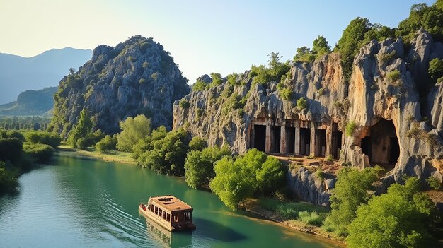 Foto o rio dalyan e os túmulos rochosos da turquia