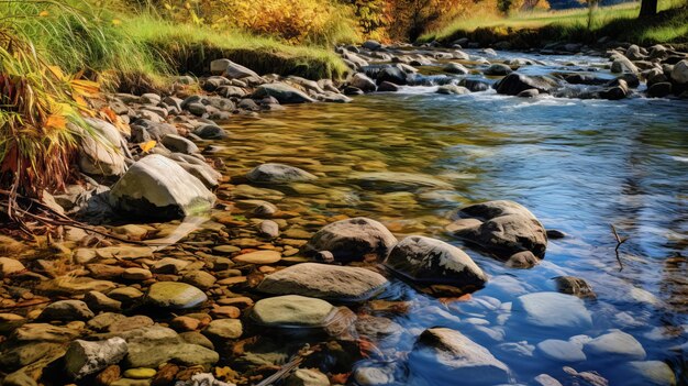 O rio de outono fluindo sobre rochas coloridas uma paisagem cativante por Adrian Donoghue