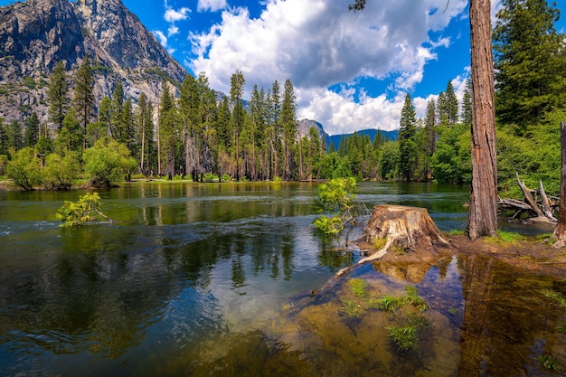 O rio merced fluindo pelo parque nacional de yosemite, na califórnia, eua