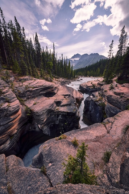 O rio Mistaya torna-se Mistaya Canyon, Parque Nacional de Banff, Alberta