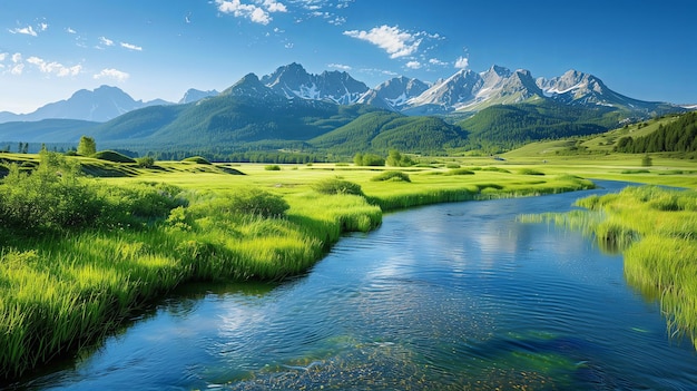 O rio serpenteando através de um campo de grama verde exuberante com fundo de montanha