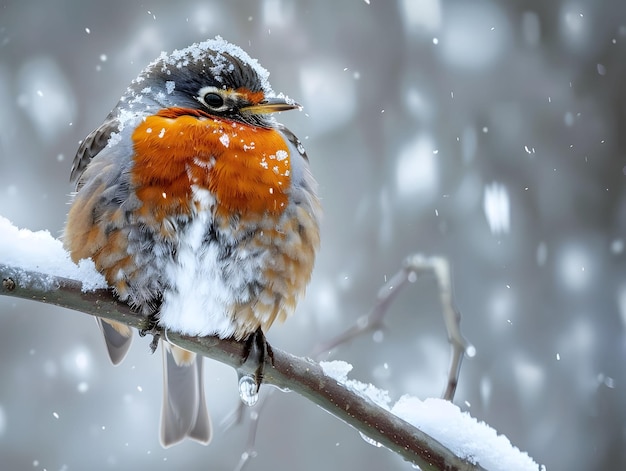 O robin gordo no inverno em cima de um galho coberto de neve