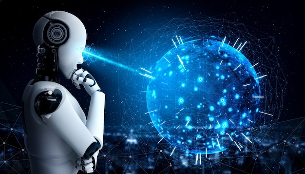 O robô humanóide pensando AI analisando a tela do holograma mostra o conceito de rede