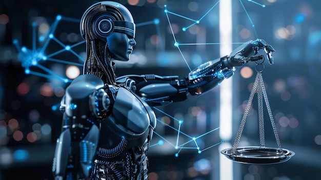 O robô segura com confiança a balança da justiça sobre um fundo azul brilhante