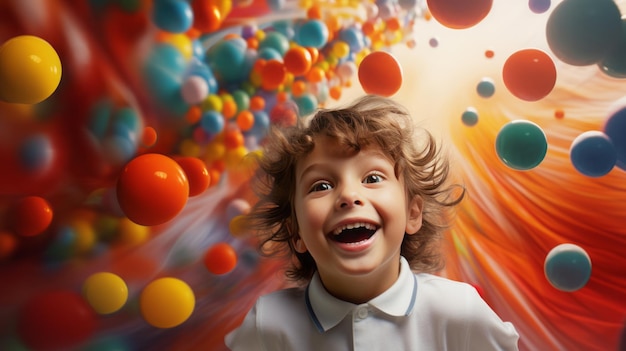 o rosto da criança sorri com bolas voadoras coloridas em um fundo brilhante
