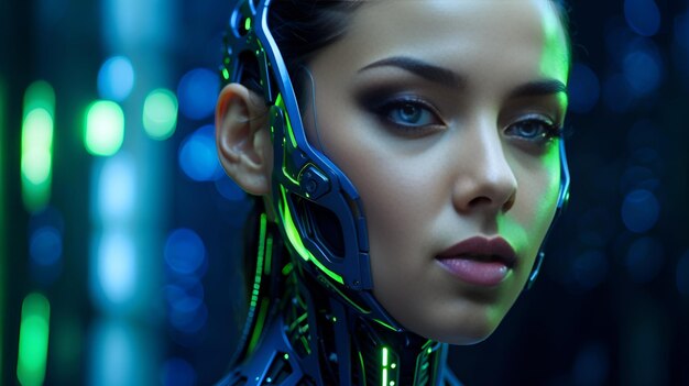 O rosto da inteligência artificial com luz azul e linhas verdes no fundo no estilo