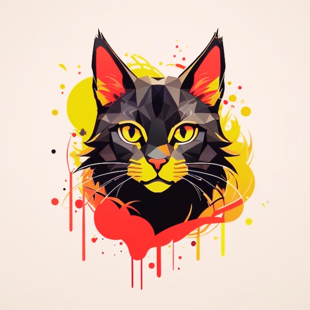 O rosto de um gato adornado com respingos de tinta vermelha e amarela
