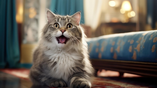 O rosto de um gato jubilante reflete um agradável espanto