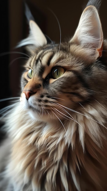 O rosto de um gato Maine Coon é visível ao fundo