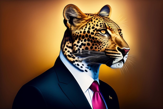 O rosto de um homem com uma cabeça de leopardo