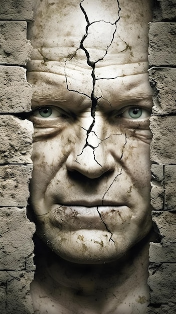 O rosto de um homem está em uma parede com uma rachadura.