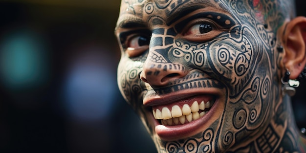 O rosto de um homem feliz adornado com um padrão de tatuagem Maori que incorpora a alegria, a força e o espírito de sua cultura Ai Generative AI