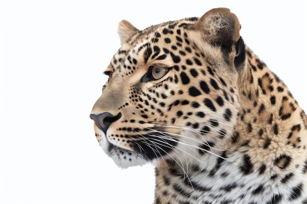 O rosto de um leopardo é mostrado contra um fundo branco.