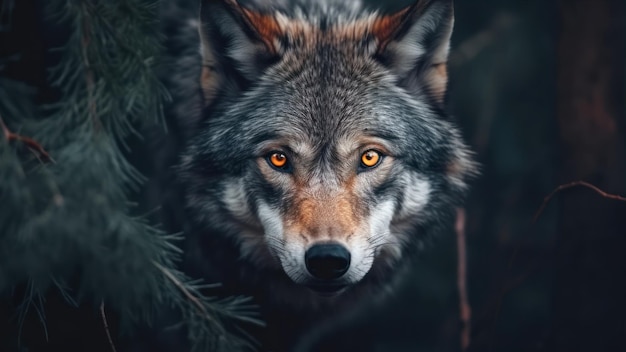 O rosto de um lobo no escuro