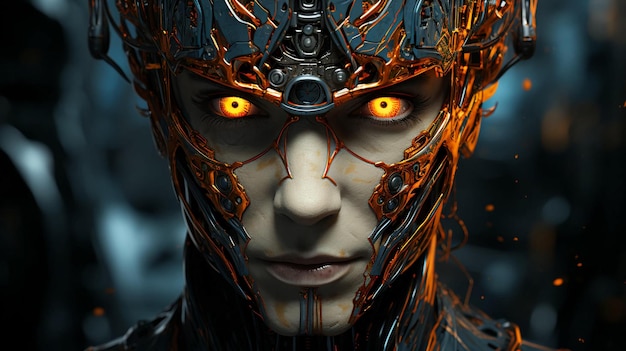O rosto de um robô ciborgue, uma mistura de inteligência artificial humana e computacional gerada por IA