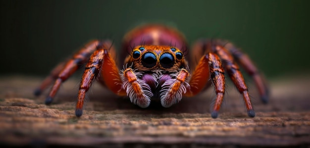 O rosto de uma aranha é mostrado em uma superfície de madeira.