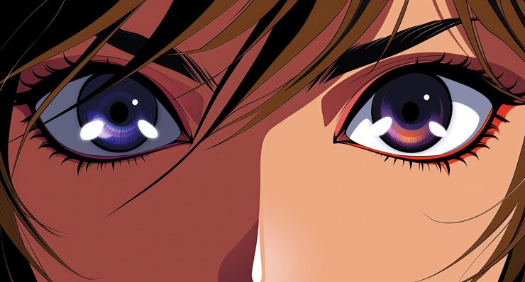 Foto o rosto de uma jovem com olhos de anime estilos em anime e cyberpunk moda