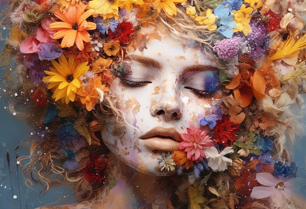 O rosto de uma jovem dama é coberto de flores no estilo de uma paleta de cores realistas