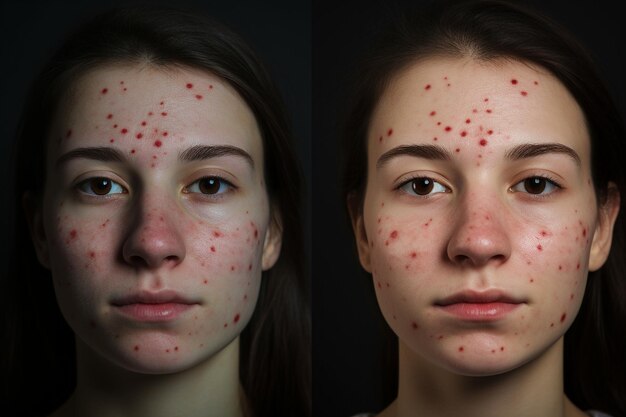 Foto o rosto de uma jovem mulher antes e depois do tratamento da acne no rosto, espinhas vermelhas, cicatrizes, erupções nas bochechas.