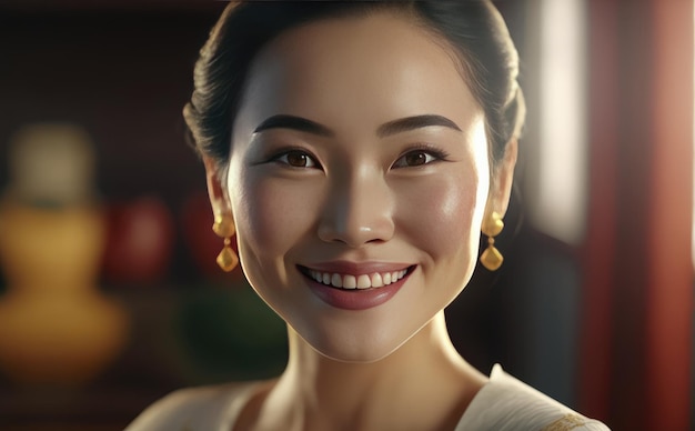 O rosto de uma mulher asiática com sardas e um sorriso. ai gerado