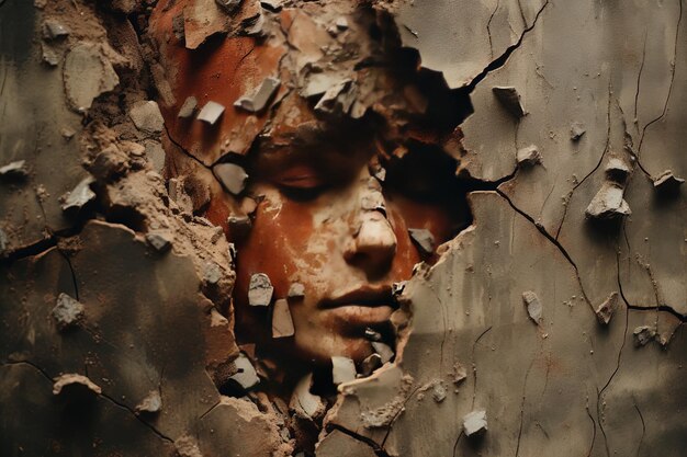 Foto o rosto de uma mulher através de um buraco numa árvore