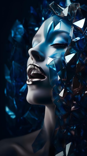 O rosto de uma mulher com diamantes azuis nele