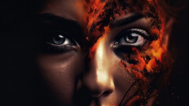 O rosto de uma mulher com fogo nele