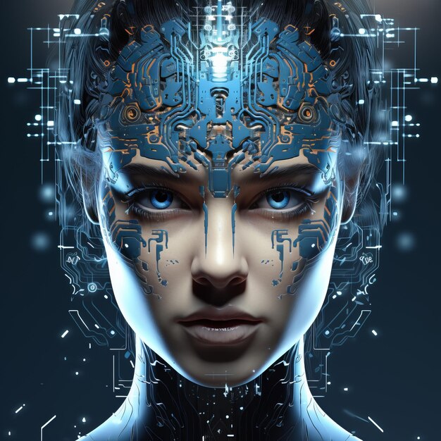 o rosto de uma mulher com olhos azuis e rosto eletrônico