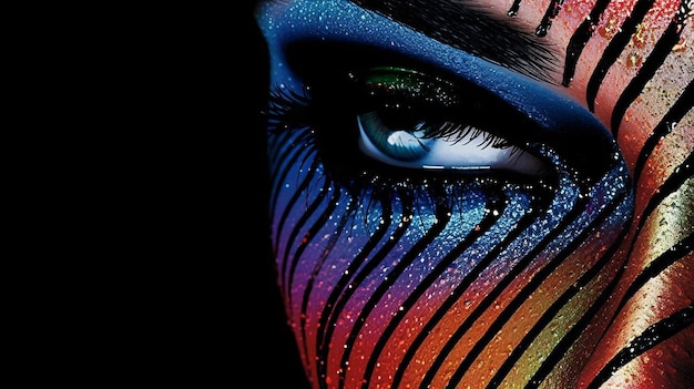 O rosto de uma mulher com um arco-íris pintado