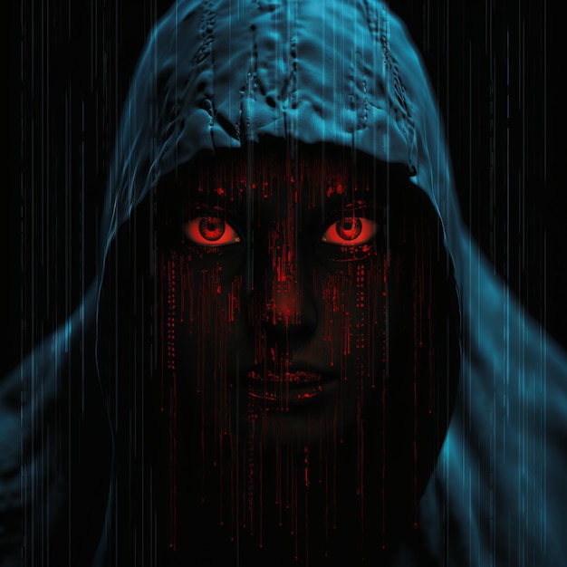 o rosto de uma mulher com um manto com capuz e olhos vermelhos