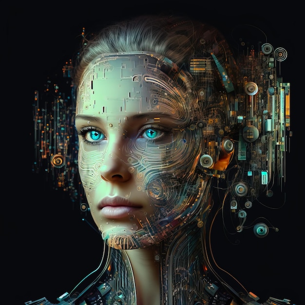 O rosto de uma mulher com um rosto de robô e uma placa de circuito ao fundo.