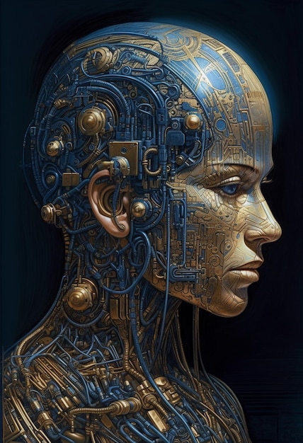 O rosto de uma mulher com uma cabeça de robô e um rosto de robô.