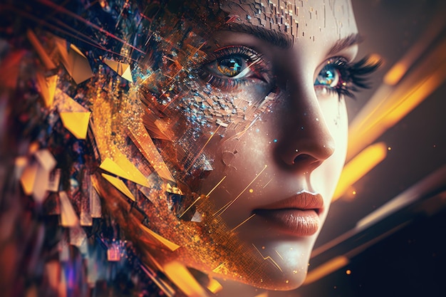 O rosto de uma mulher com uma IA generativa de fundo futurista