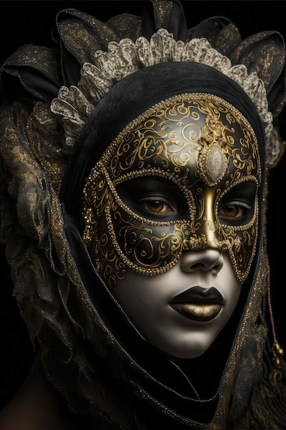 O rosto de uma mulher com uma máscara dourada e preta.