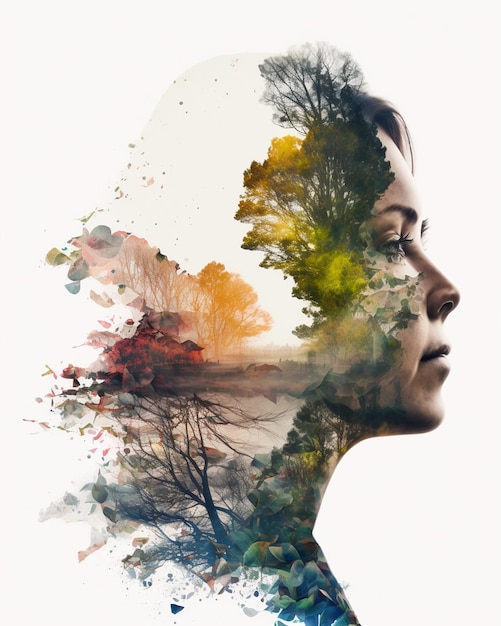 O rosto de uma mulher com uma pintura de árvores e a palavra floresta.