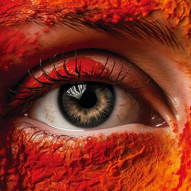 O rosto de uma mulher com uma pintura facial vermelha e um círculo branco no olho.