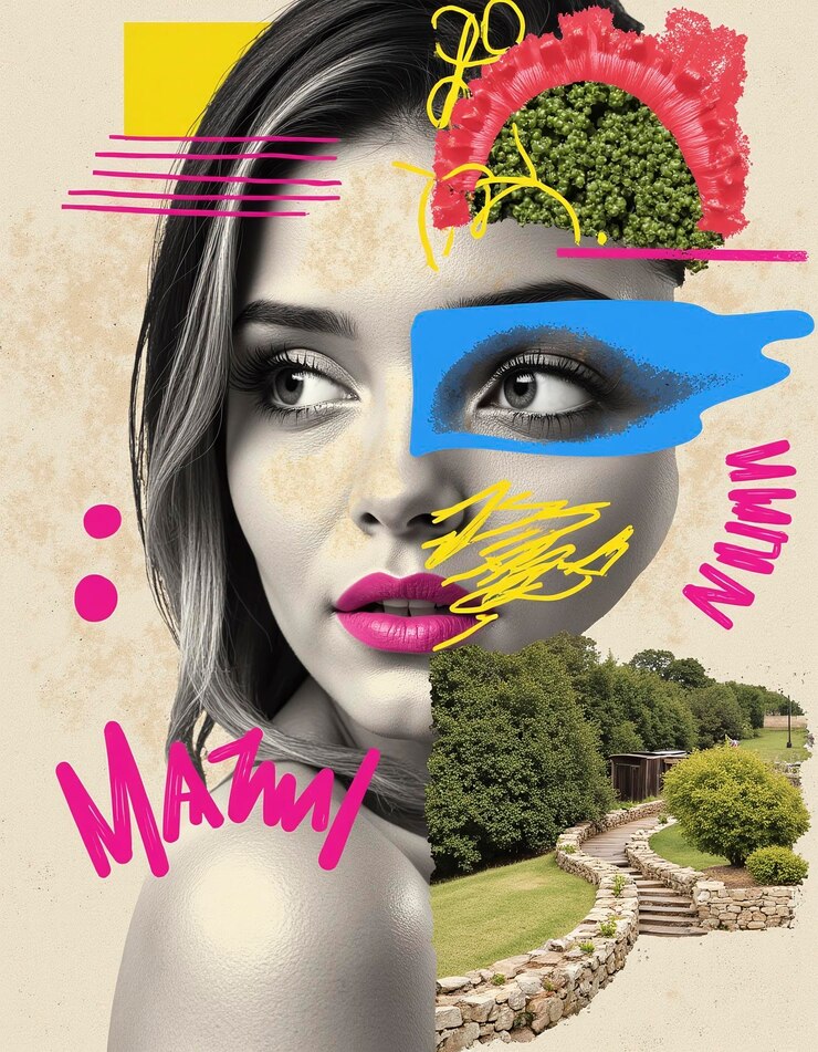 Foto o rosto de uma mulher é dividido em duas metades com a palavra mama escrita no lado esquerdo a imagem é uma colagem de diferentes elementos, incluindo uma árvore uma casa e uma estrada
