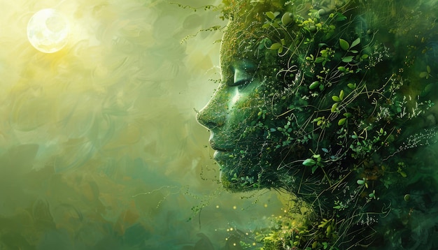 O rosto de uma mulher é feito de plantas e folhas com as mãos cobrindo o rosto por uma imagem gerada por AI
