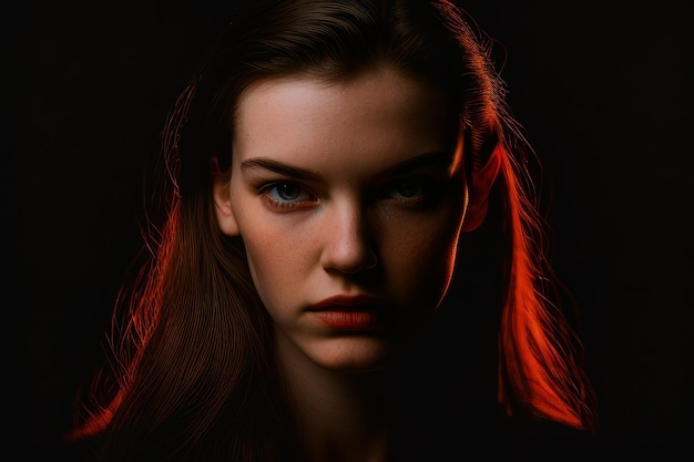 O rosto de uma mulher é iluminado em uma sala escura com luz vermelha.