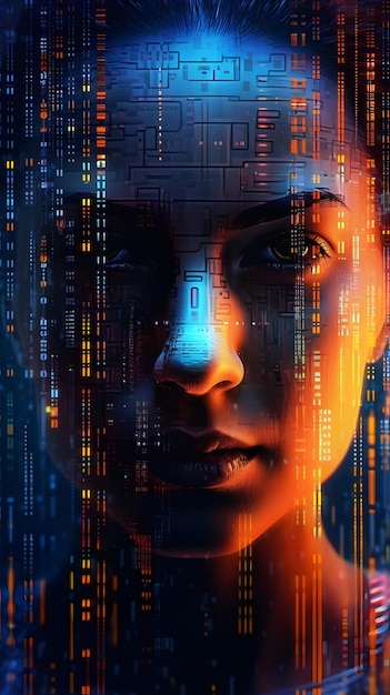 O rosto de uma mulher é mostrado com números e letras que dizem 'cyberpunk'