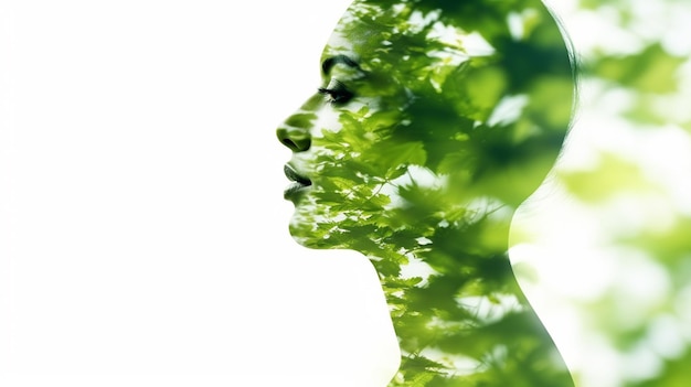 O rosto de uma mulher é mostrado com um fundo verde e a palavra árvore à esquerda.