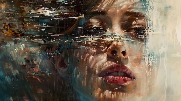 O rosto de uma mulher é refletido na água.