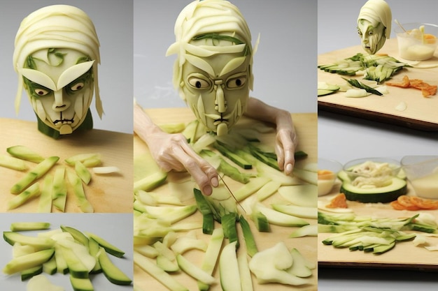 Foto o rosto de uma mulher está a cortar alguns vegetais.