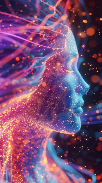 O rosto de uma mulher feito de partículas coloridas.